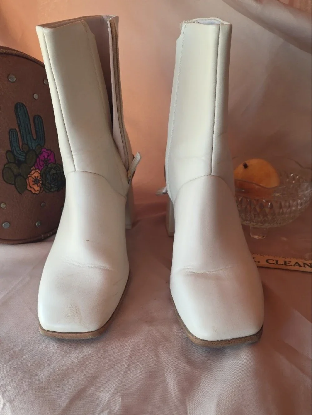 Time and Tru Cream Block Heel Ankle Boots